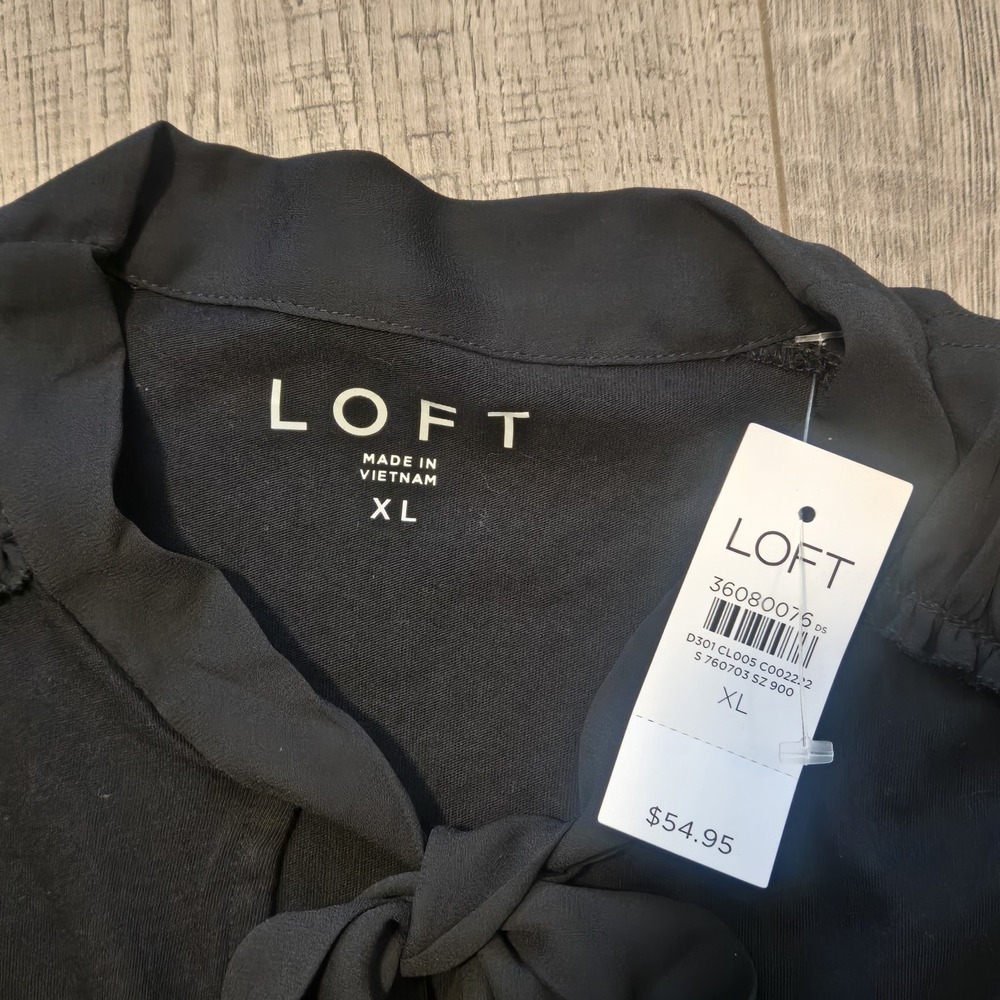 Loft Women Top XL Black Cotton and Chiffon Long Sleeve Tie Neck Lighweigt Blouse - Picture 3 of 5